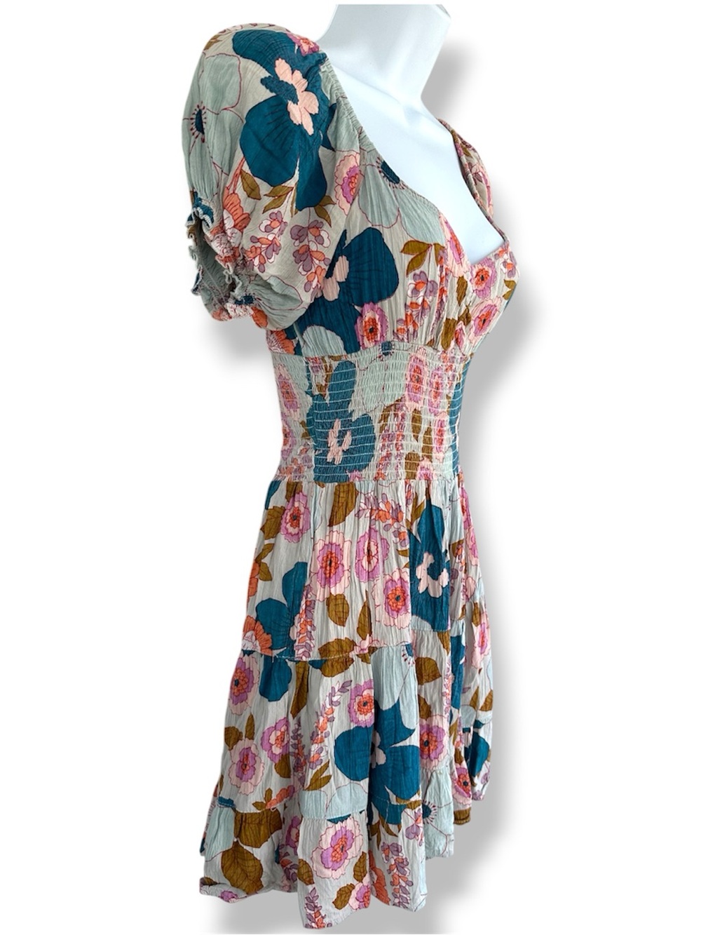 Angie Teal, Pink and Brown Floral Puff-Sleeve Smocked Mini Dress - Picture 4 of 7